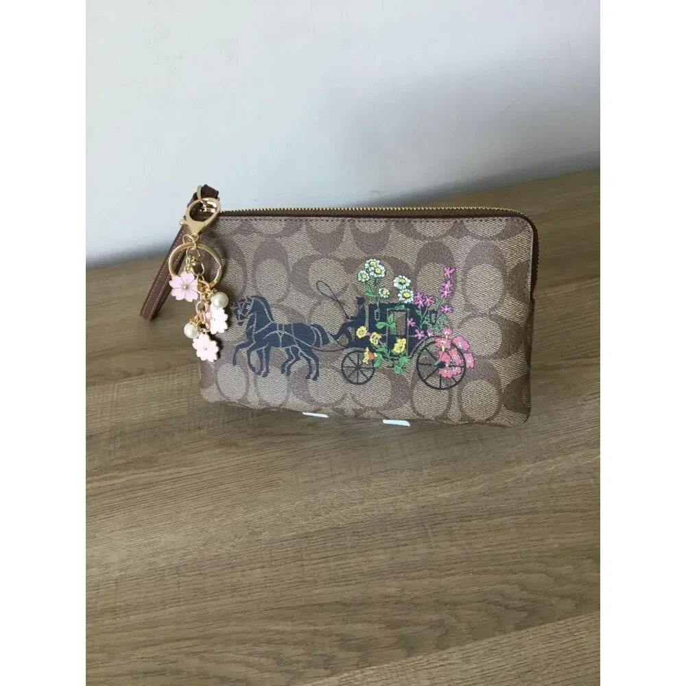 Coach Horse and Carriage Floral Print Signature Canvas Zip Wristlet & Bag Charm